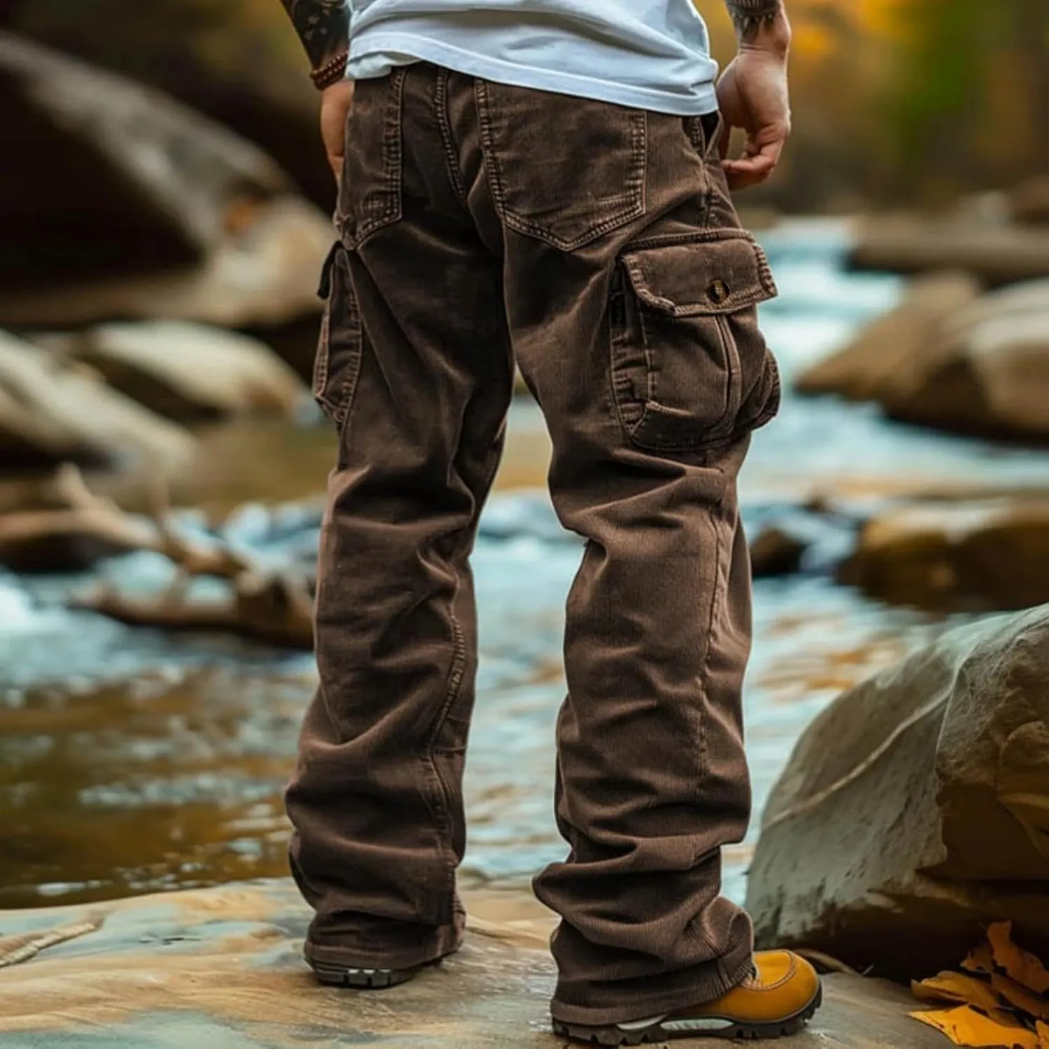 WENKOMG1 Corduroy Cargo Pants for Men Multi Pockets Straight Leg Outdoor Work Pants Retro Style Workwear