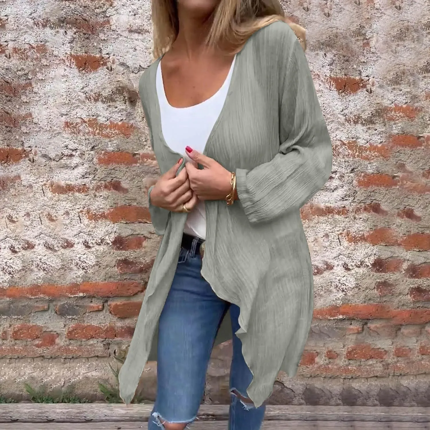 Wkishenl Women's 3/4 Sleeve Cardigan Summer Lightweight Cardigans Solid Draped Front Open Tops Casual Comfy Going Out Shirts