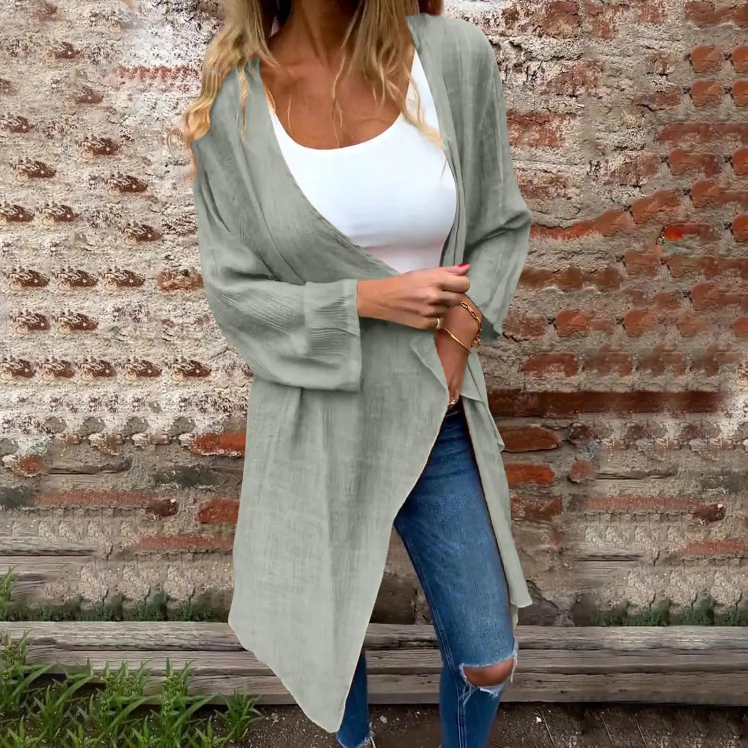 Wkishenl Women's 3/4 Sleeve Cardigan Summer Lightweight Cardigans Solid Draped Front Open Tops Casual Comfy Going Out Shirts