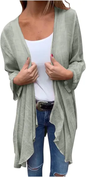 Wkishenl Women's 3/4 Sleeve Cardigan Summer Lightweight Cardigans Solid Draped Front Open Tops Casual Comfy Going Out Shirts