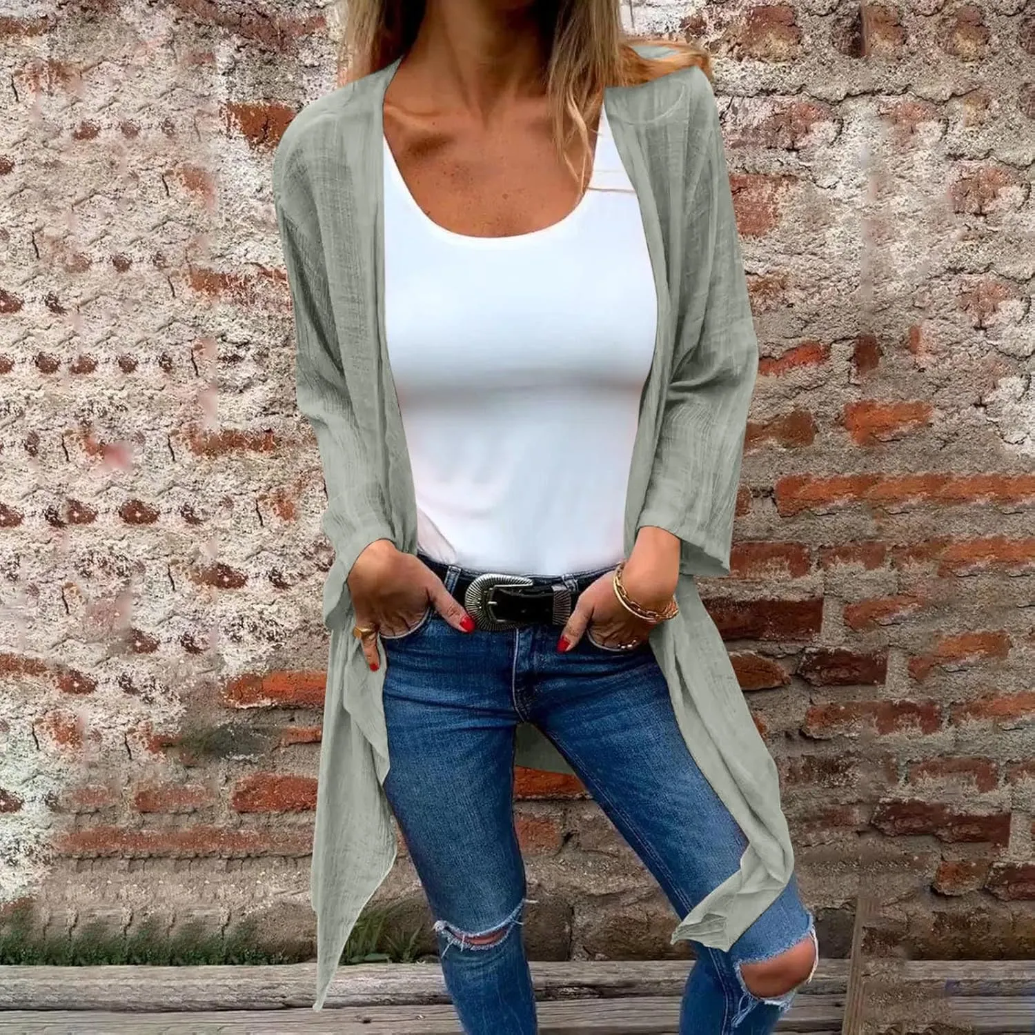 Wkishenl Women's 3/4 Sleeve Cardigan Summer Lightweight Cardigans Solid Draped Front Open Tops Casual Comfy Going Out Shirts