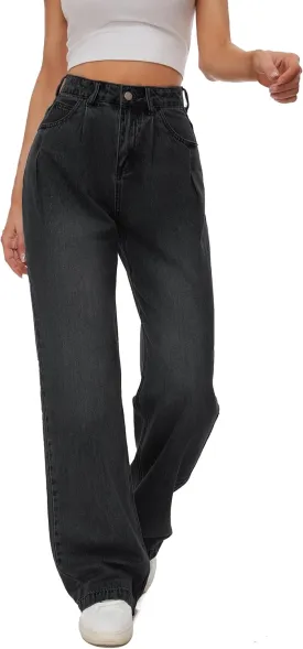 Women Straight Ankle Jeans Casual Loose High Waist Solid Denim Pants