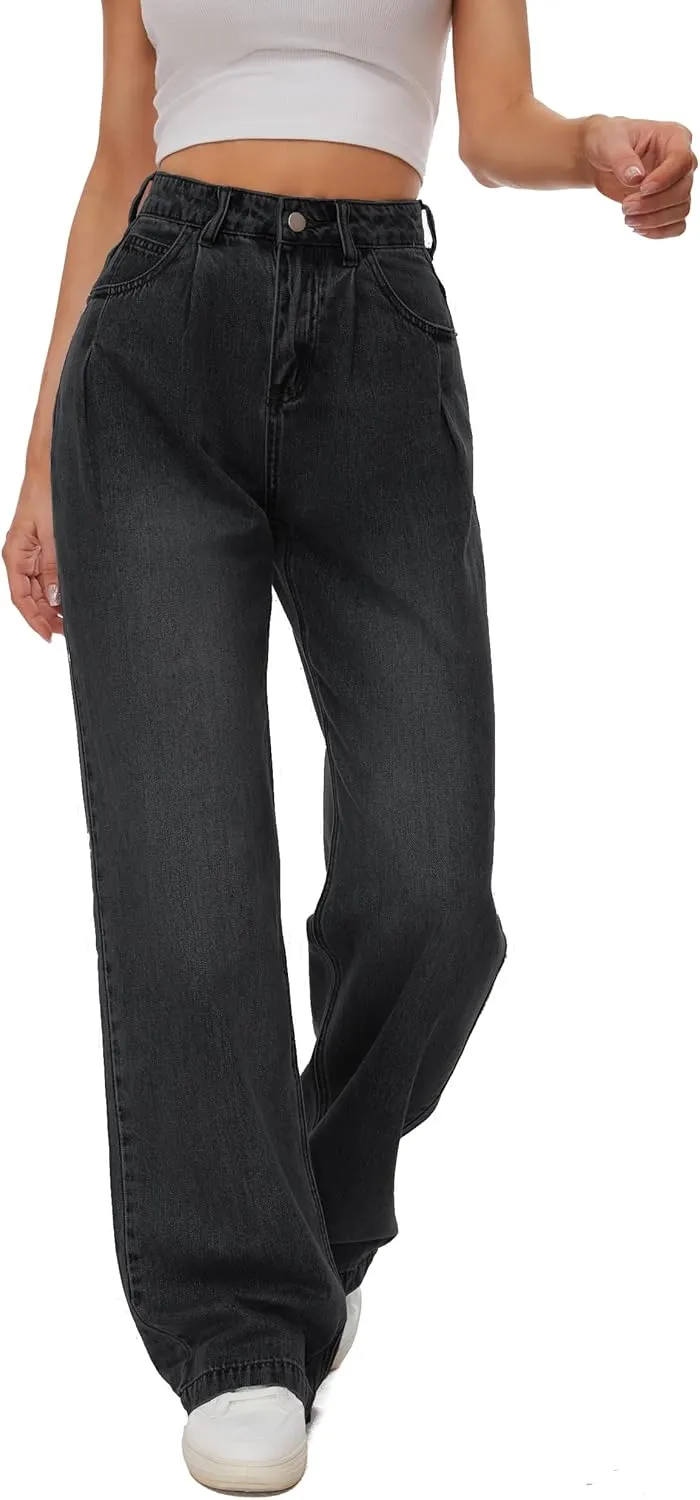 Women Straight Ankle Jeans Casual Loose High Waist Solid Denim Pants