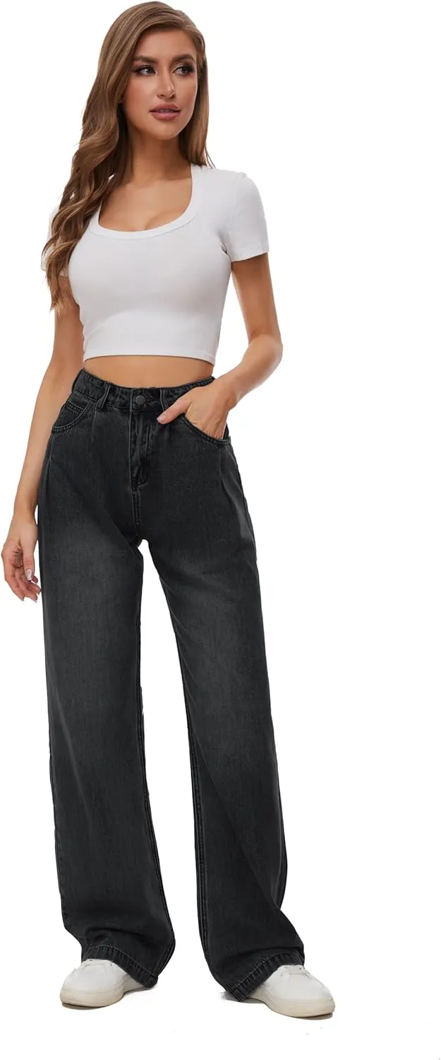 Women Straight Ankle Jeans Casual Loose High Waist Solid Denim Pants