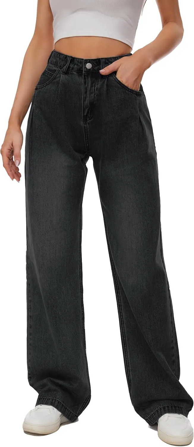 Women Straight Ankle Jeans Casual Loose High Waist Solid Denim Pants