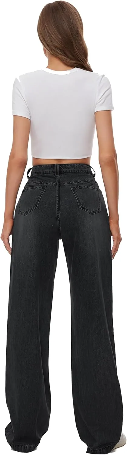 Women Straight Ankle Jeans Casual Loose High Waist Solid Denim Pants