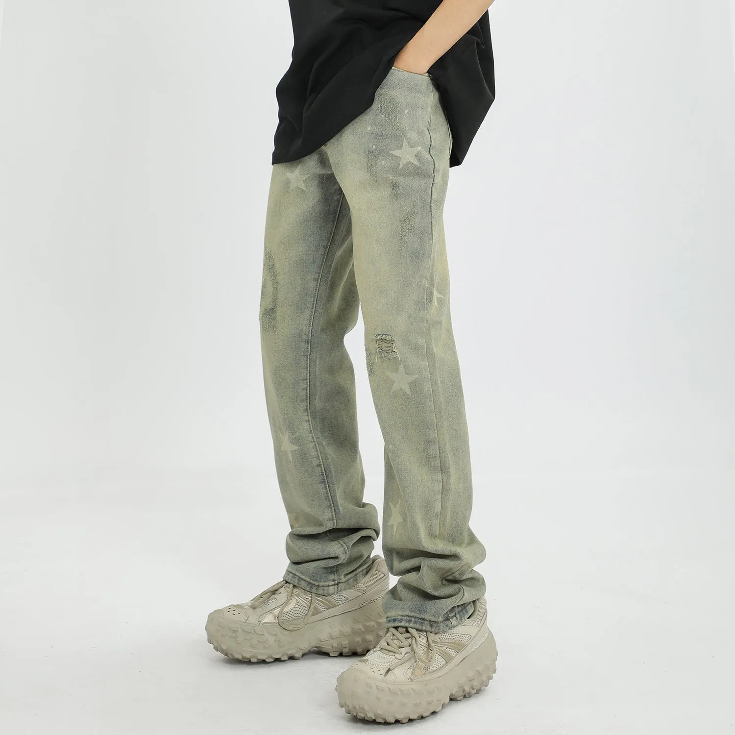 XINGX Printing Heavy Industry Straight Casual Jeans Men's 2024 New Loose Couple's All-Match High Waist Pants