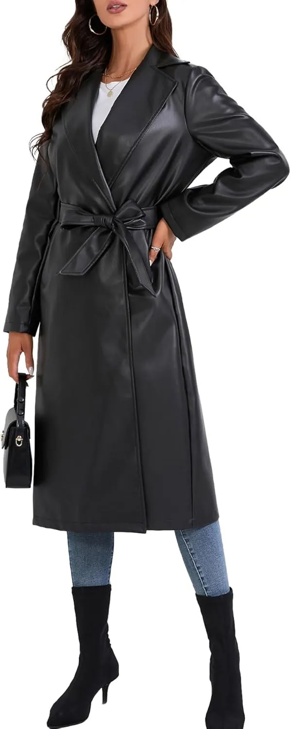 xxxiticat Women's Leather Trench Coat Long Sleeve Open Front Motorcycle Lapel Belted Tie Long Black Faux Leather Jacket