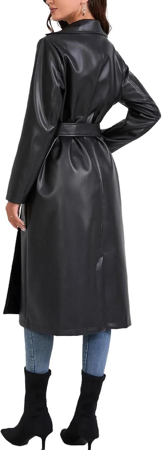 xxxiticat Women's Leather Trench Coat Long Sleeve Open Front Motorcycle Lapel Belted Tie Long Black Faux Leather Jacket