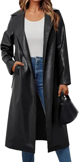 xxxiticat Women's Leather Trench Coat Long Sleeve Open Front Motorcycle Lapel Belted Tie Long Black Faux Leather Jacket