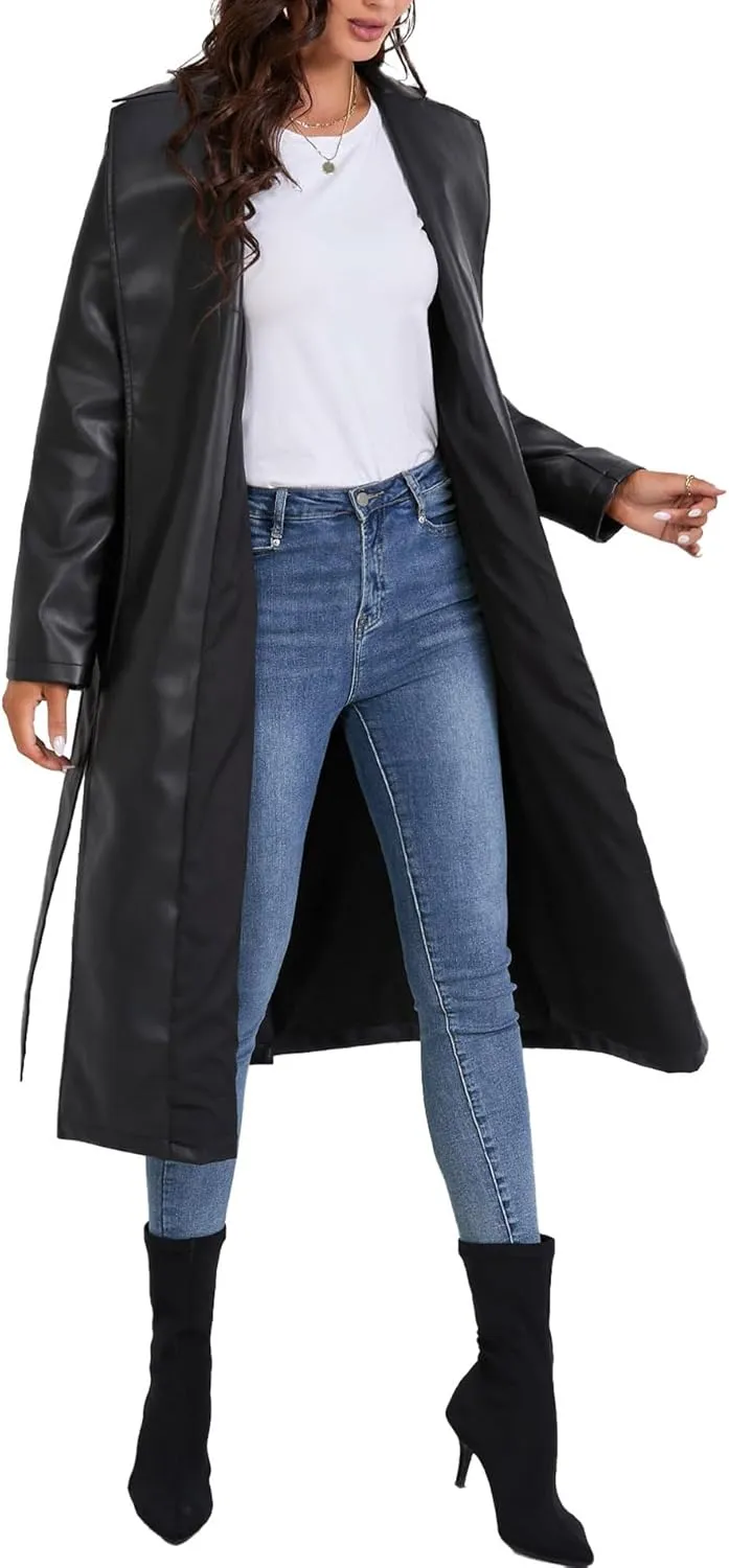 xxxiticat Women's Leather Trench Coat Long Sleeve Open Front Motorcycle Lapel Belted Tie Long Black Faux Leather Jacket