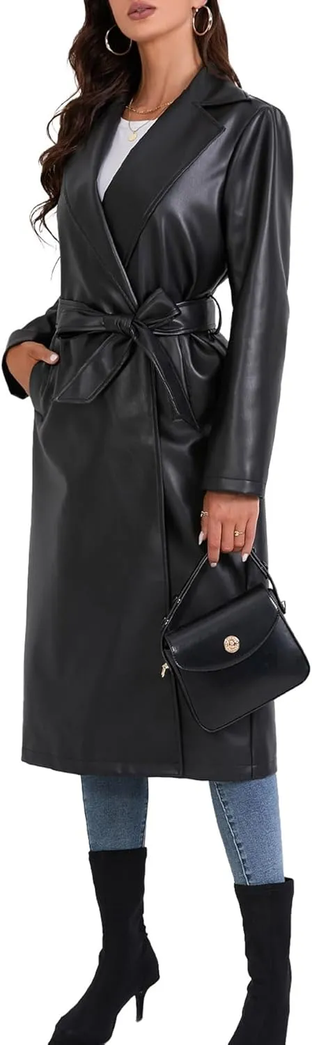 xxxiticat Women's Leather Trench Coat Long Sleeve Open Front Motorcycle Lapel Belted Tie Long Black Faux Leather Jacket
