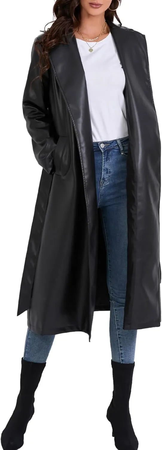 xxxiticat Women's Leather Trench Coat Long Sleeve Open Front Motorcycle Lapel Belted Tie Long Black Faux Leather Jacket